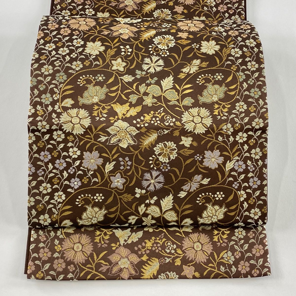 袋帯 箔屋清兵衛 落款 正絹錦織 花唐草 箔 焦茶色 六通 正絹