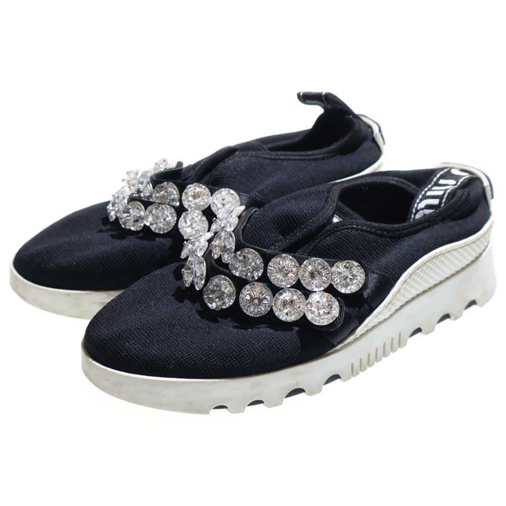 miumiu ミュウミュウ ビジュー装飾ベルト ニット ローカットシューズ スニーカー ブラック レディース