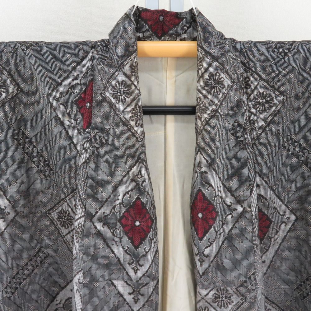 紬 着物 大島紬 龍郷柄 黒x灰色x朱色 袷 広衿 正絹 レトロ