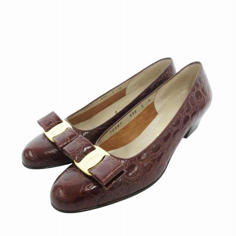 関税込☆FERRAGAMO☆リボンクロコダイル風レザーパンプス560 サルヴァトーレフェラガモ Salvatore Ferragamo ヴァラ パンプス