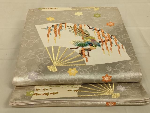 5k3121 袋帯　絹　唐織　正倉院文様　華文　銀色　白　緑　花柄　和装　着物 5k3121 袋帯 絹 唐織 正倉院文様 華文 銀色 白 緑 花柄 和装 着物