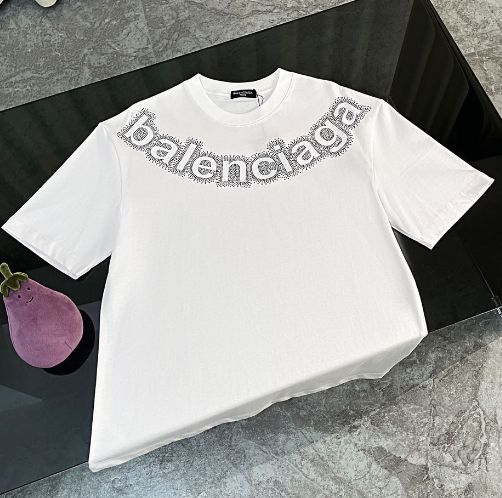 Balenciaga クラシックネックラインストーン半袖Tシャツ