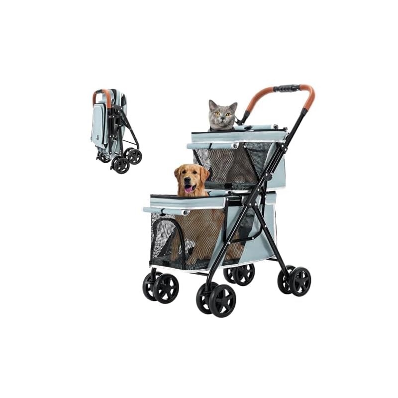 LPOTIUS ペットカート 多頭 上下2段式 ペットバギー ワンタッチ 折りたたみ 犬用ベビーカー コンパクト 収納便利 4輪 前輪360°回転  後輪ブレーキ付き 軽量 犬用カート 小型犬 中型犬 犬猫兼用 耐荷重20KG 上段8KG 下段12KG 多頭 1 - メルカリ
