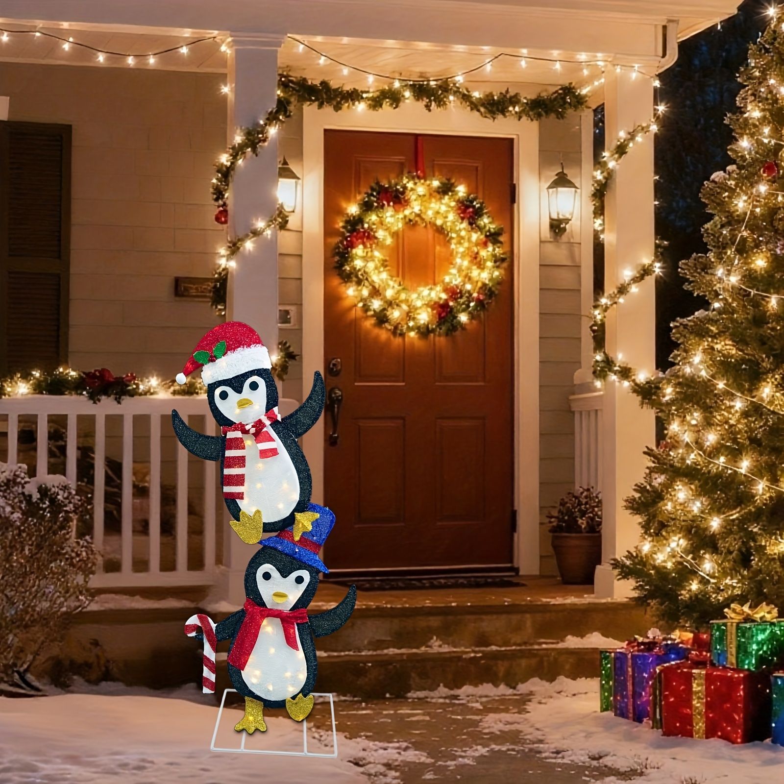 クリスマス LEDライト ガーデンライト ガーデンオーナメント 2個セット 帽子を被っている2羽のペンギン ぺんぎん 庭オブジェ 癒しグッズ ガーデニング お庭 玄関ライト 園芸装飾 インテリア オシャレ ギフト プレゼント 贈り物 庭装飾 電池式