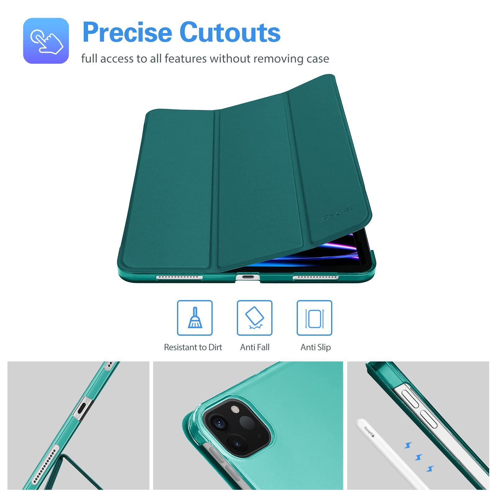 ProCase iPad Pro 11 ケース 第4 3 2 1世代に適用 2025 2021 2020 2018 Apple Pencilのペアリングと充電に対応 三つ折り スタンド スマートカバー エメラルド
