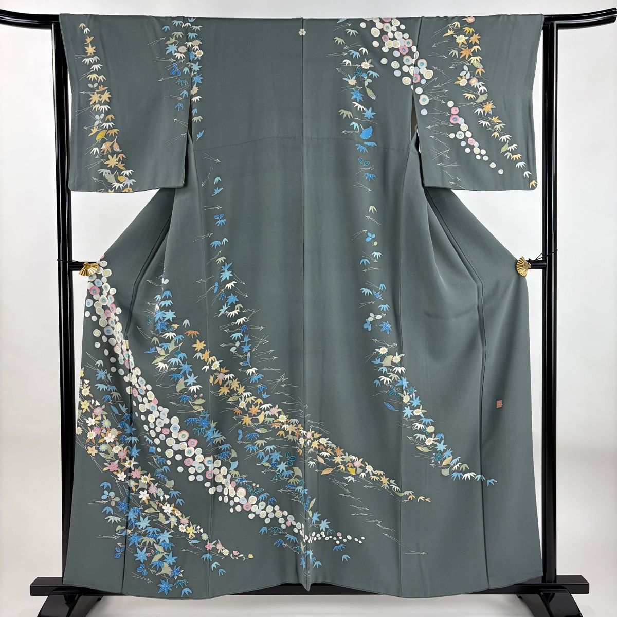 訪問着 身丈158.5cm 裄丈62.5cm S 袷 落款 梅 草花 灰緑 正絹 名品 一つ紋