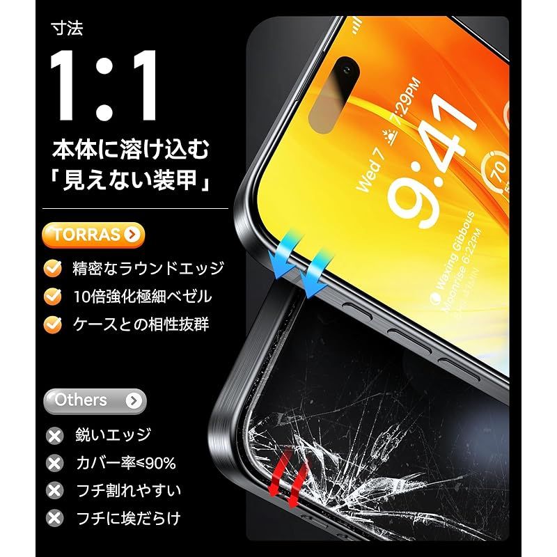 TORRAS iPhone 16 Pro 用 ガラスフィルム 米軍No.1規格 全面保護 10倍