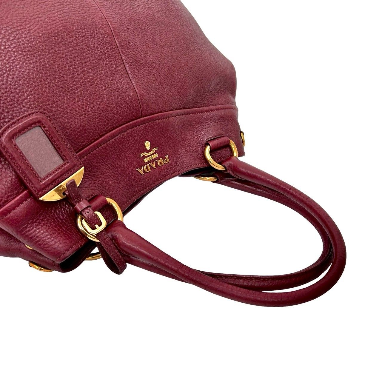 美品【PRADA】ハンドバッグ　レザー　ボルドー　ゴールド金具　自立 極 美品 希少品 PRADA プラダ ロゴ ゴールド 金具 レザー 本革