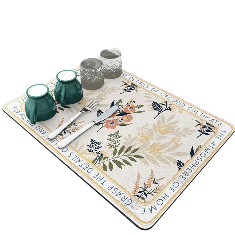 Leaf64 水切りマット 食器水切り 吸水マット 乾燥マット 丸洗いOK (フラワー黄50ｘ60) [フラワー黄50ｘ60]
