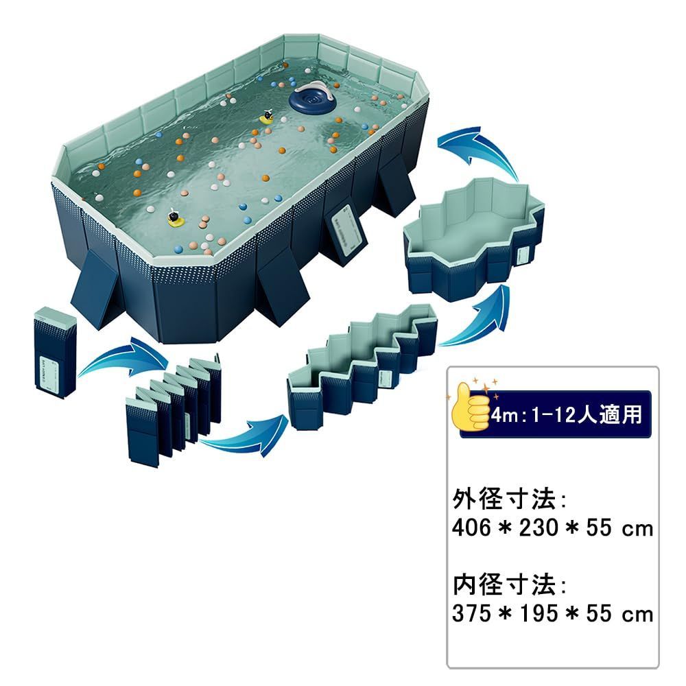 【2024 大型プール 非膨張式】プール 空気入れ不要 ビニールプール 子供用 家庭用プール 折りたたみプール 加厚プール 収納簡単 設置簡単 四角い水遊びプール 長さ4m 大型 庭 室内 室外 (4M(外径寸法:406*230*55cm 内径寸法