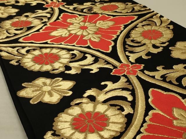 平和屋着物◎六通柄袋帯 唐織 七宝花文 黒地 金糸 正絹 逸品