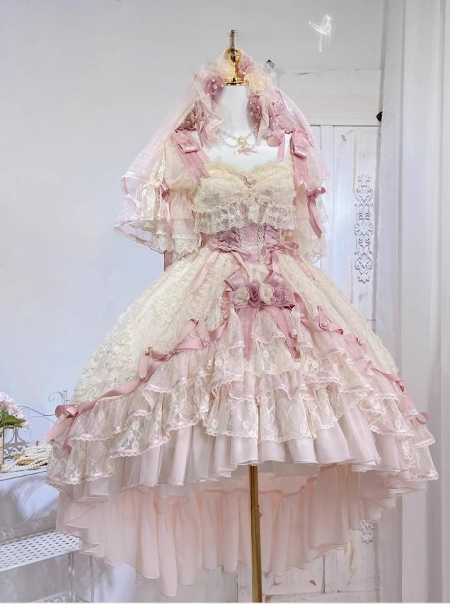 ロリータワンピース lolitaドレス 洋服 5点セット ワンピース＋ベール ヘアクリップ アームカバー トレーン 少女風 ふんわり レース＆リボン装飾 コスプレ