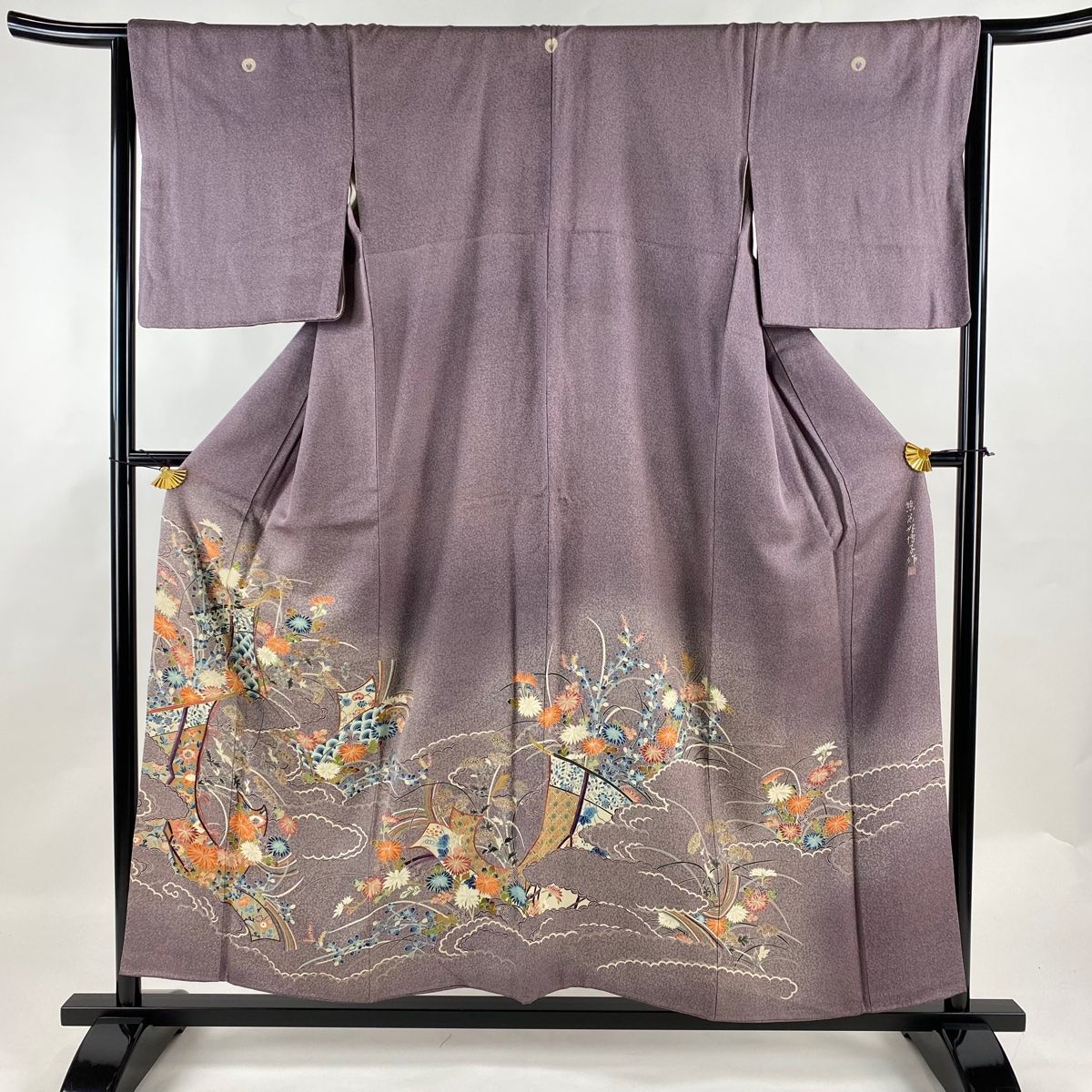 訪問着 身丈157.5cm 裄丈64cm M 袷 落款あり 鎌倉文 道長 刺繍 薄茶色  