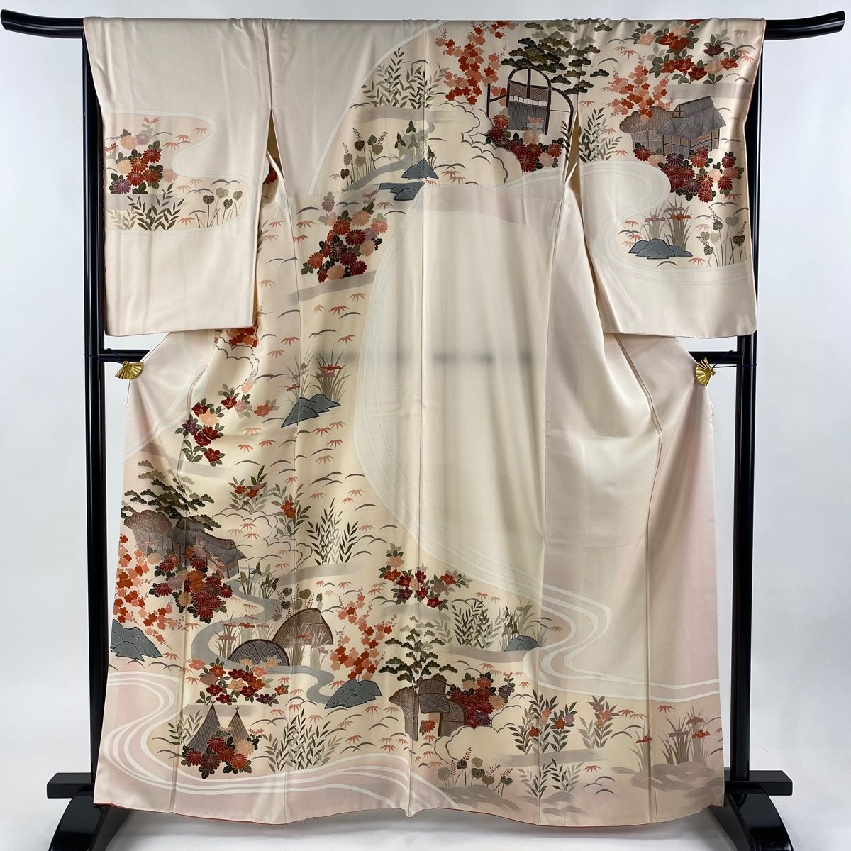 訪問着 身丈163cm 裄丈67cm M 袷 家屋 松竹梅 金彩 ピンクベージュ 正絹 秀品