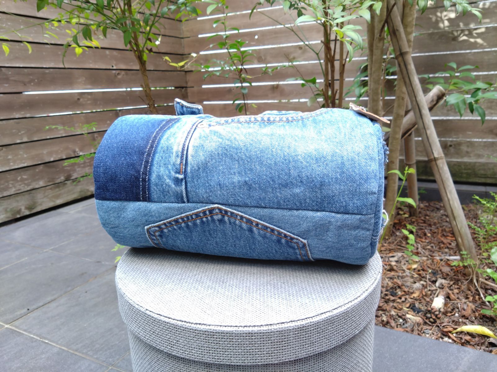 №768【DENIM❌️ドラム缶型ボストンバッグ♥】デニムリメイク