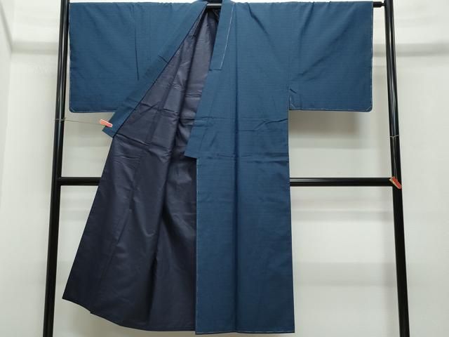 平和屋着物○男性 生つむぎ アンサンブル 濃紺色 証紙付き 正絹 逸品