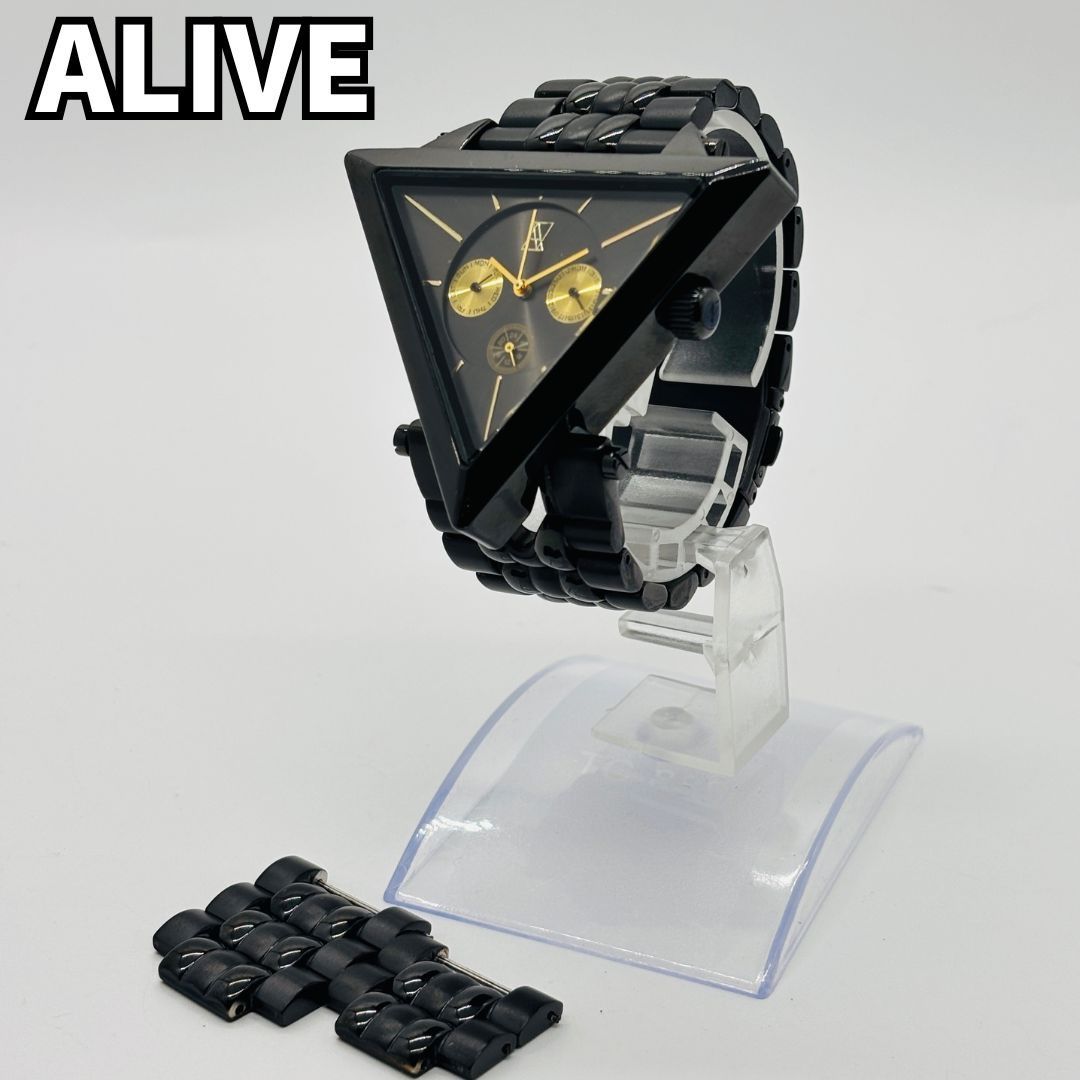 前衛×機能美 ALIVE 腕時計 A-FRAME METAL 三角フェイス マルチカレンダー ブラック×ゴールド