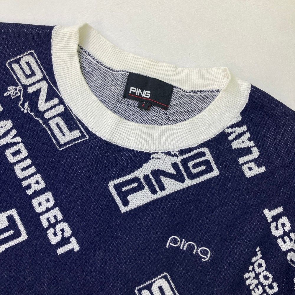 サイズ：L PING ピン ;2023年 ニットセーター ロゴ総柄 ネイビー系 [240101438852] ゴルフウェア レディース ストスト PING ピン ;2023年 ニットセーター ロゴ総柄 ネイビー系 L