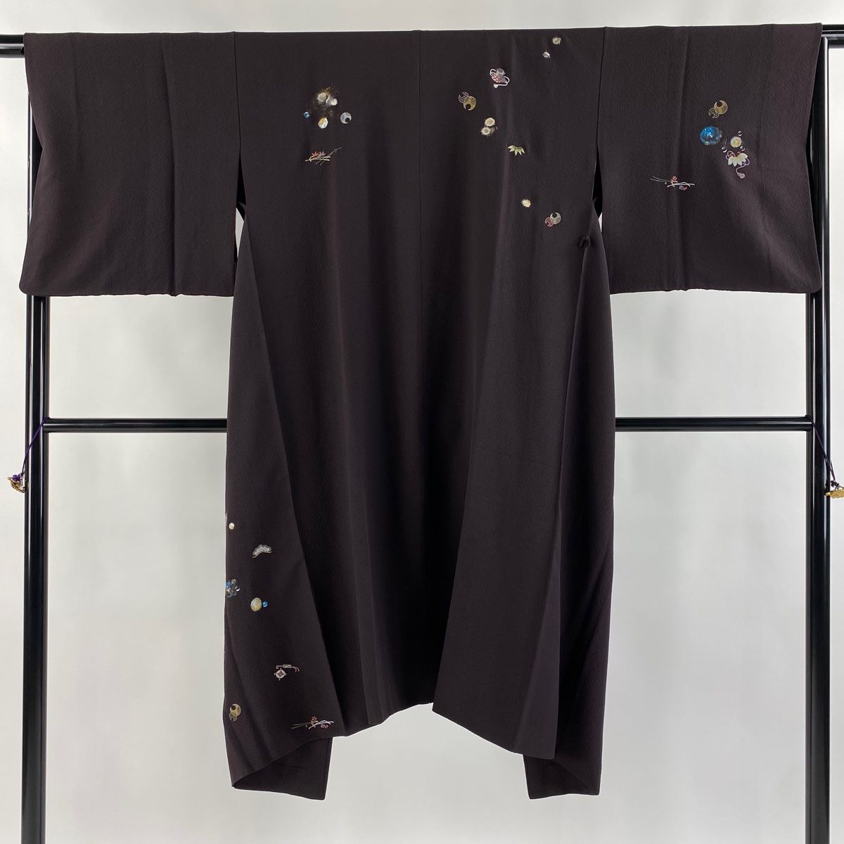 道中着 身丈119cm 裄丈66cm M 和装コート 宝尽くし 松 金銀糸 刺繍 茶紫 正絹