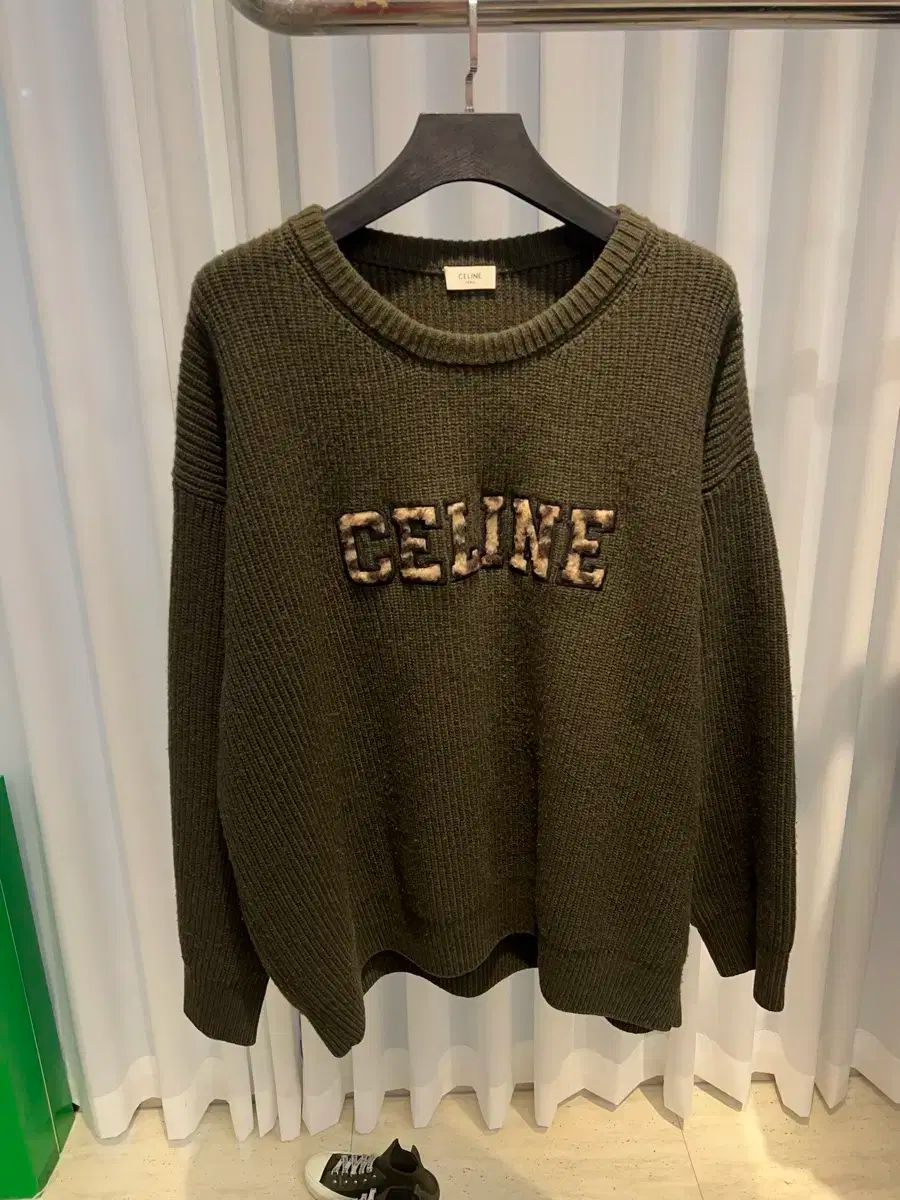2XL CELINE セリーヌ ロゴ パッチ リブ付き ウール ニット セーター セーター カーキ