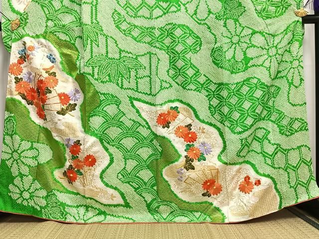 【振袖】桧扇　四季花文　絞り　金駒刺繍　金彩　正絹 平和屋着物□豪華振袖 駒刺繍 絞り 霞扇面花文 金彩 正絹 逸品