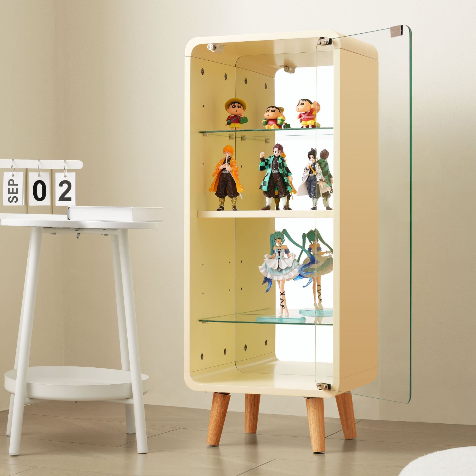 ガラスディスプレイシェルフ｜4段高さ調節｜背面ミラー付｜ベージュ｜幅36×奥行26×高さ89cm｜N515P196877B