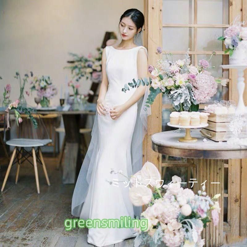 ウェディングドレス 二次会 前撮り 結婚式 披露宴 パーティー スレンダードレス ロングドレス 袖なし ホワイト マーメイドライ 登場 ZZ520