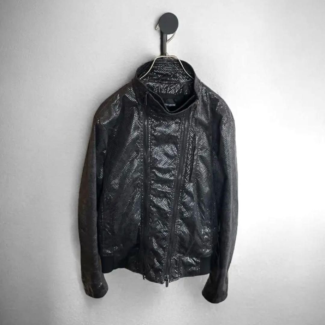 EMPORIO ARMANI ブラック ベロア　ダブルジップジャンパー フード付きブルゾン フルジップ仕様 セミアニリン ナッパレザー