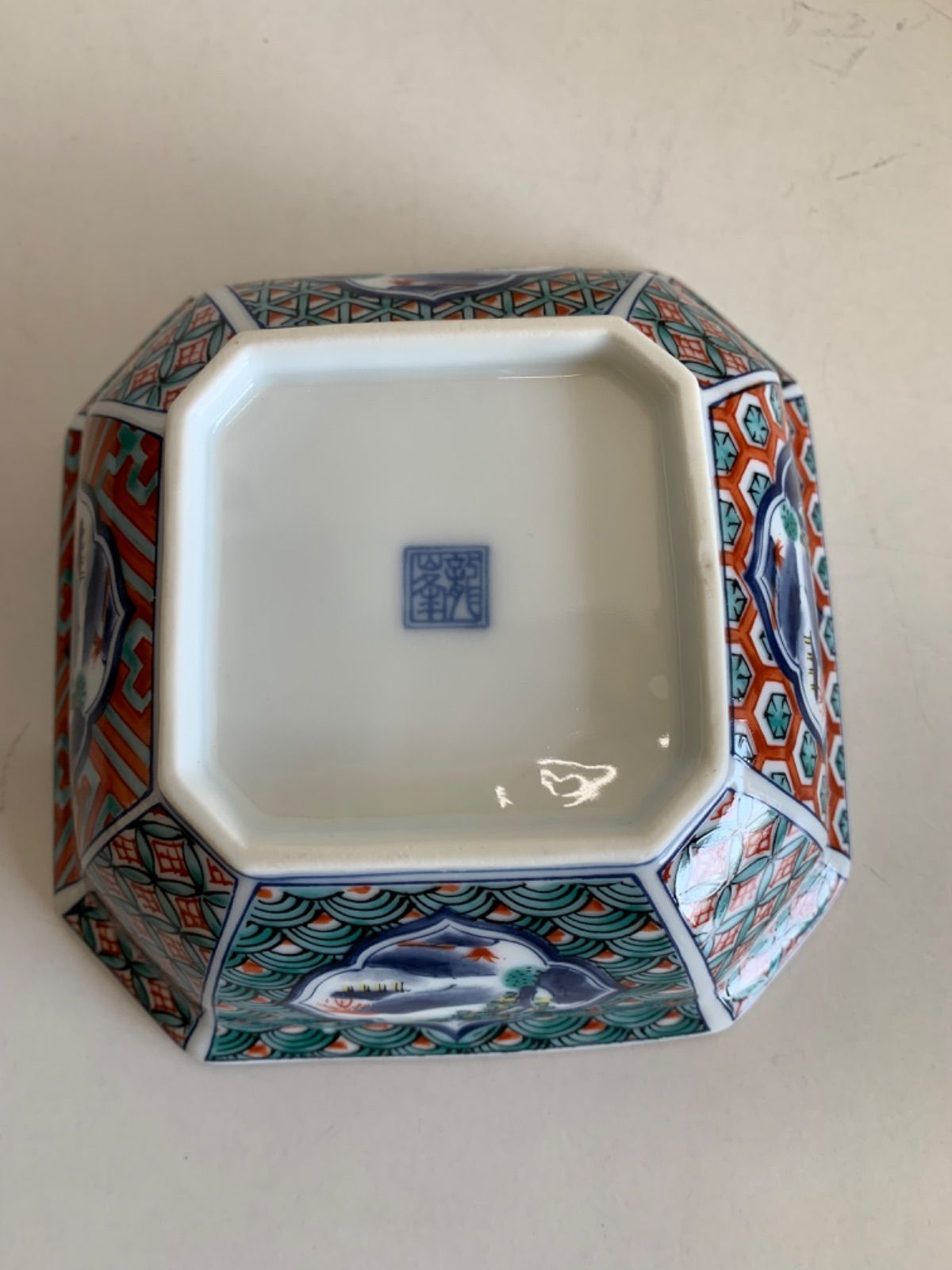 有田焼 龍峰窯 染付 山水 緑彩 金欄手 八角鉢 5客セット 未使用品