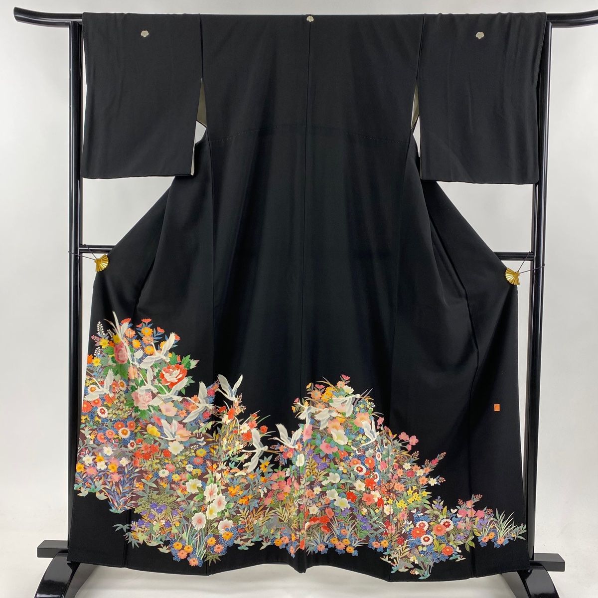 黒留袖 身丈162cm 裄丈64cm M 袷 落款 鶴 草花 黒 正絹 名品