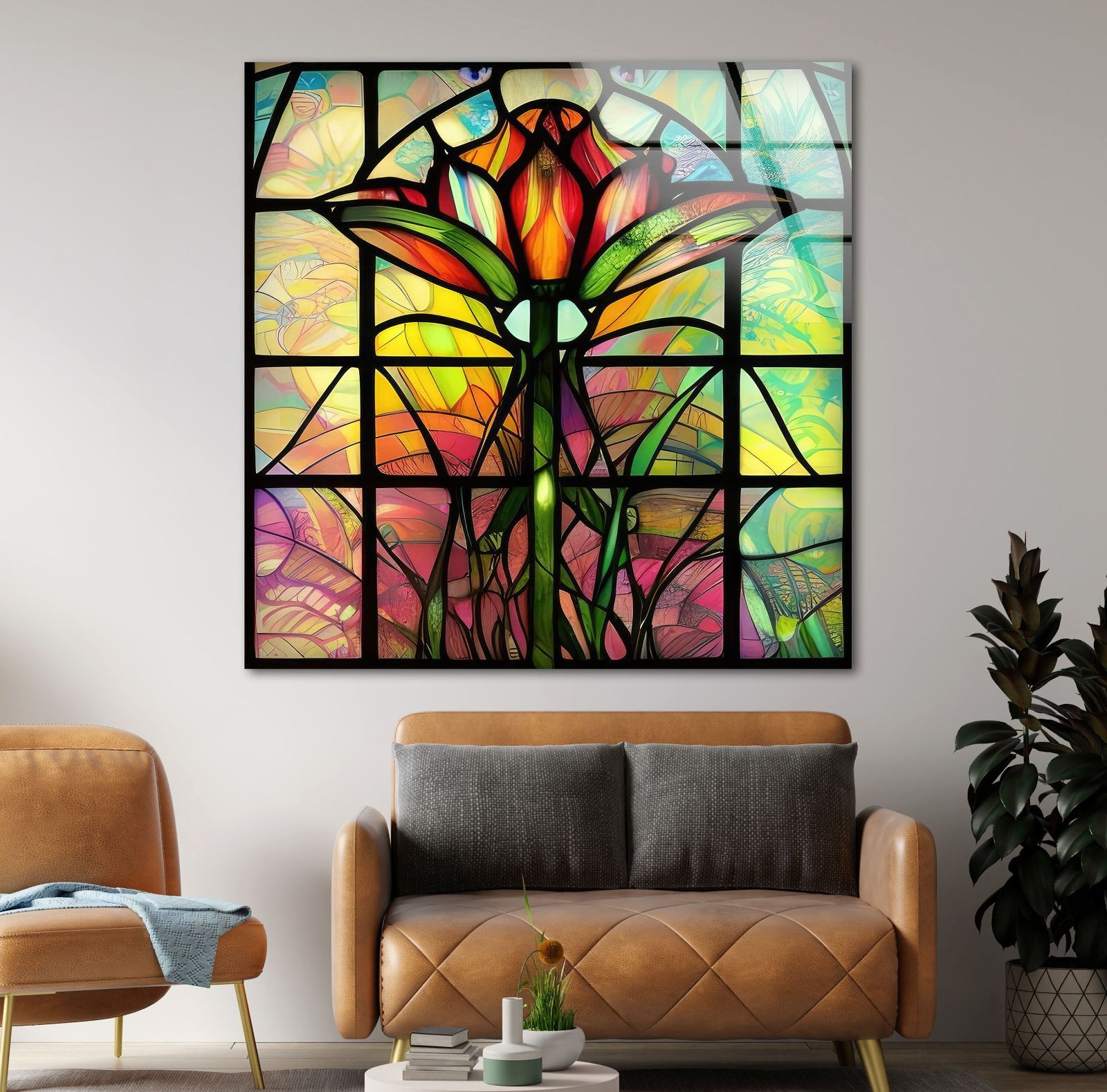 アンティーク　ガラス絵　壁飾り 美しい絵画のようなガラスと優美な磨りガラスが魅力♪ アンティーク