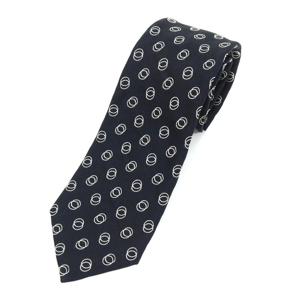 【中古】フィオリオ FIORIO リング柄 3つ折り シルク ネクタイ ブラックネイビーxホワイト【メンズ】