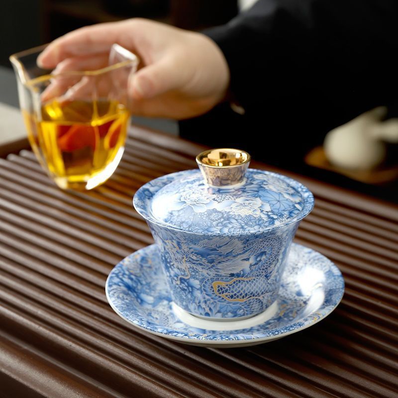青花龍紋 三才蓋碗 蓋付き茶碗 高級陶器製 功夫茶器 家庭用