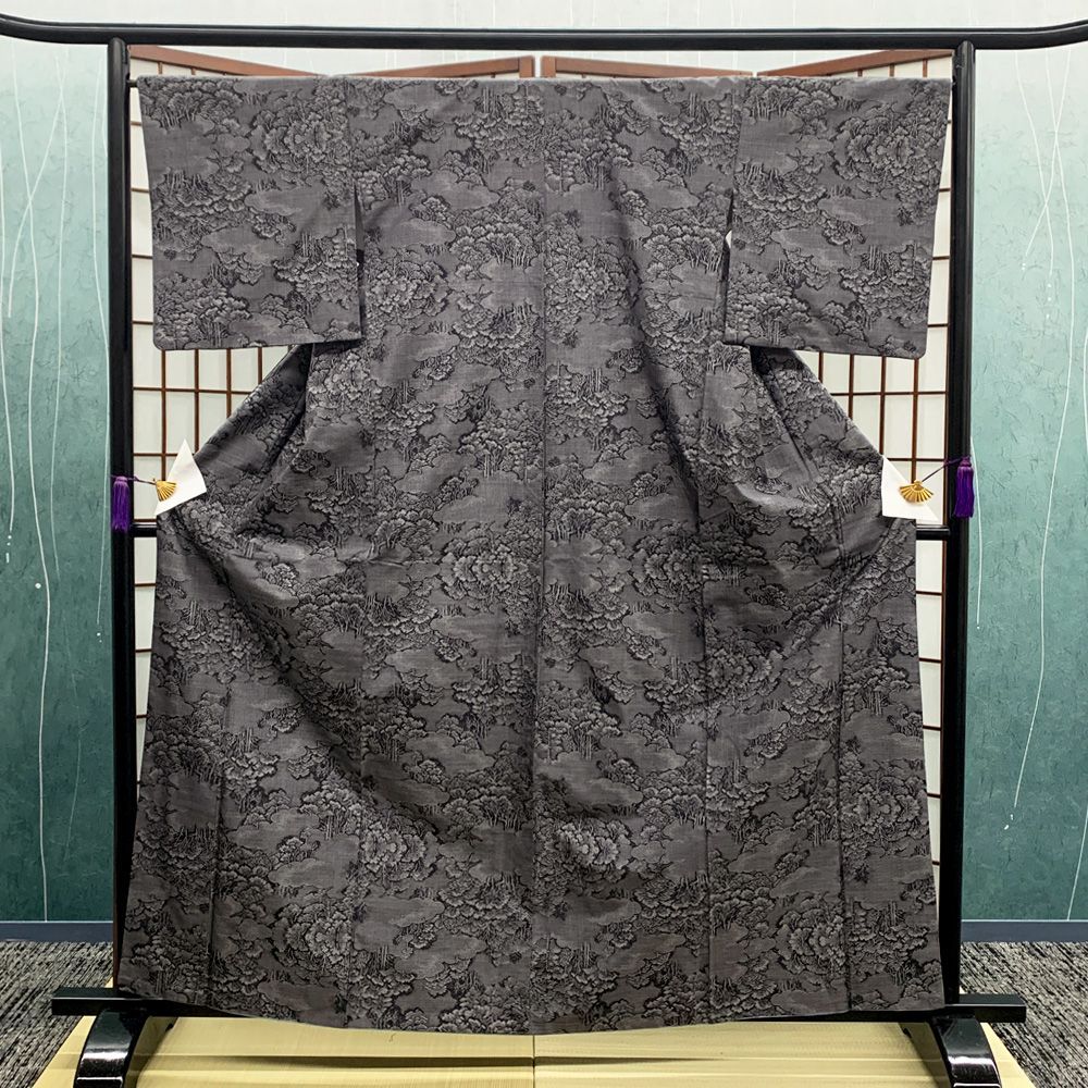 リサイクル着物 大島紬 大島 袷 黒 木々 女性用 sm-kimono2