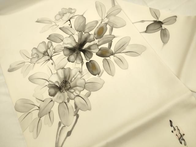 平和屋着物○塩瀬 九寸名古屋帯 手描き 枝花文 金彩 正絹 逸品