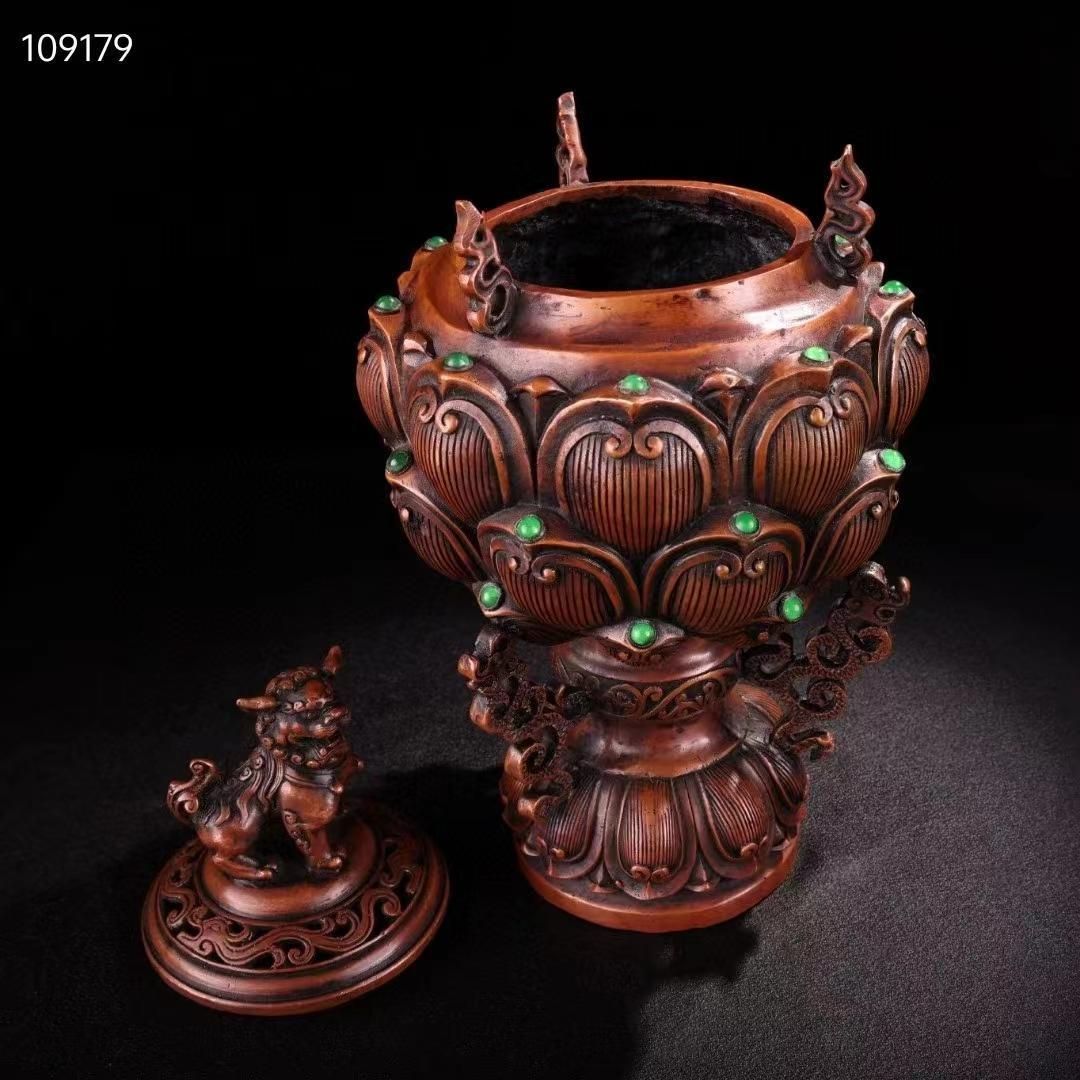 中国古美術・全銅・純手作り、宝石をはめ込み・獅子蓋香爐・熏香爐