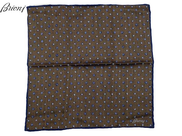 ブリオーニ チーフ Brioni O71000 O8A9F 2541 BROWN NAVY ロゴ入り ブラウン系 小紋柄 ウールXシルク ハンドロール ポケットチーフ ポケットスクエア ハンカチーフ
