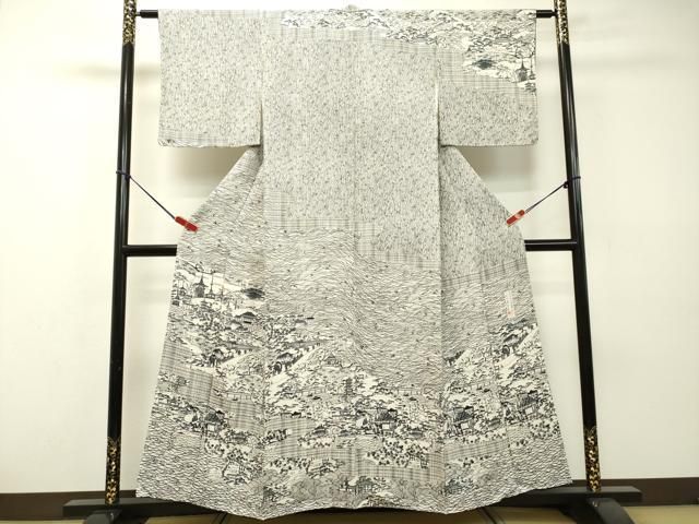 平和屋着物●人間国宝・南部芳松の息子 伝統工芸伝承者彫刻・南部幸雄　型染　訪問着　人物風景花文　正絹　逸品　CABA6004vf 平和屋着物○人間国宝・南部芳松の息子 伝統工芸伝承者彫刻・南部幸雄