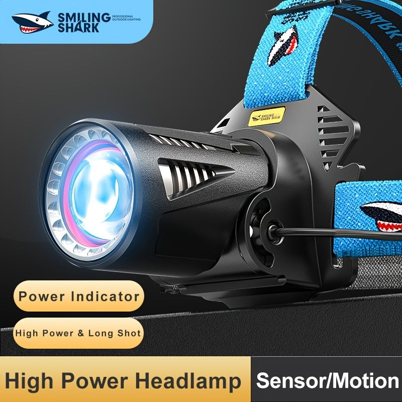 1個 笑顔のサメ ハイパワーLEDヘッドランプ - 超高輝度 モーションセンサー ズーム 90°調整 USB充電式で長持ちするバッテリー - キャンプ 狩猟 ハイキングに最適