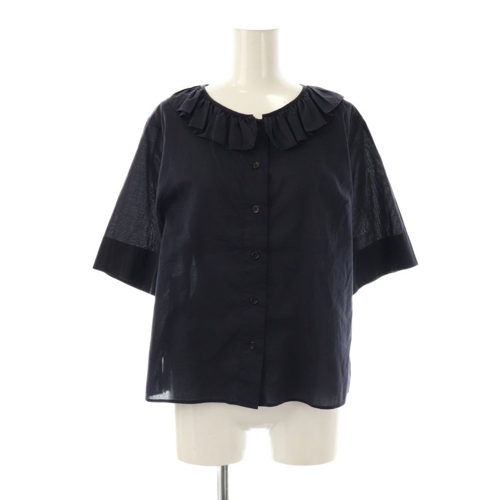 マーガレットハウエル MARGARET HOWELL SHEER COTTON フリルカラーブラウス 五分袖 1 ネイビー |ES OS