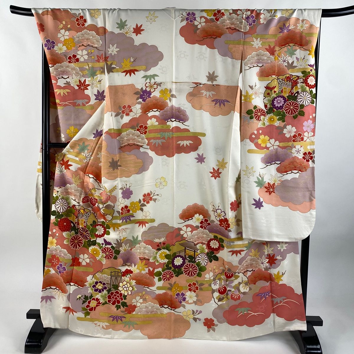 振袖 身丈166cm 裄丈70cm L 袷 ますいわ屋 御所車 松 金糸 金彩 クリーム 正絹