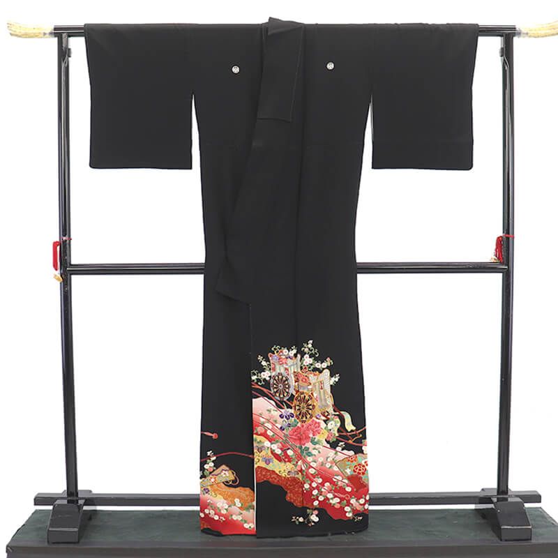 黒留袖 販売 単品 礼装 着物 和装 フォーマル 正絹 黒 丸に五三の桐 道長取り 御所車 身丈167cm 裄丈66cm 結婚式 母親 Ｍ~Ｌサイズ相当 リサイクル着物 リユース着物 着物 送料無料 即日発送