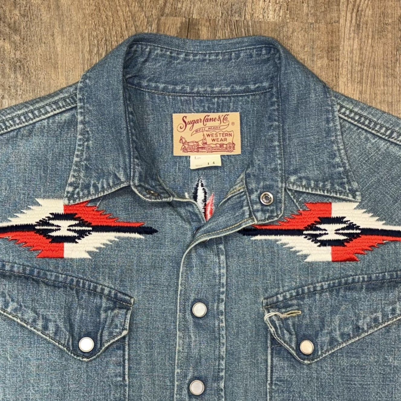 シュガーケーン 総柄　ウエスタンシャツ シュガーケーン ブルーデニム 刺繡 ウェスタンシャツ エイジング