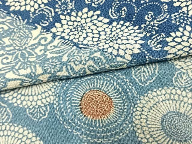 平和屋着物▽上質な小紋 単衣 藍 型染め 切嵌花文 正絹 逸品