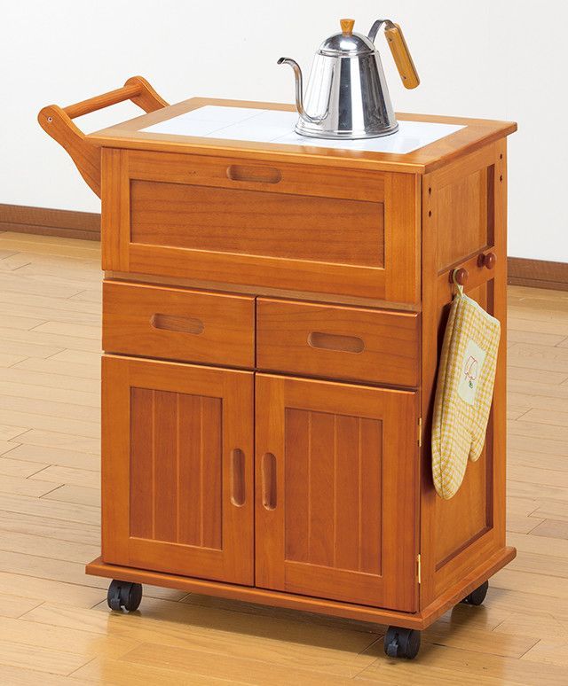♪天然木 フラップ式 キッチンワゴン ［幅60cm］　　　　キッチン収納 ワゴン 調味料入れ 食品ストック ストッカー