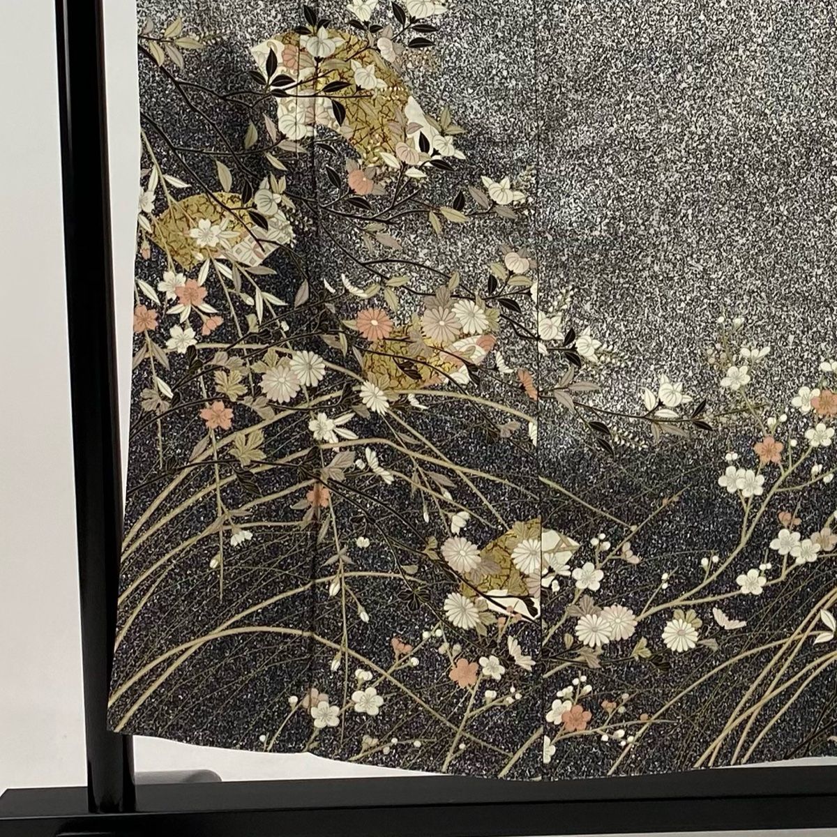 訪問着 身丈155cm 裄丈65.5cm M 袷 橘 菊 金彩 黒灰 正絹 秀品