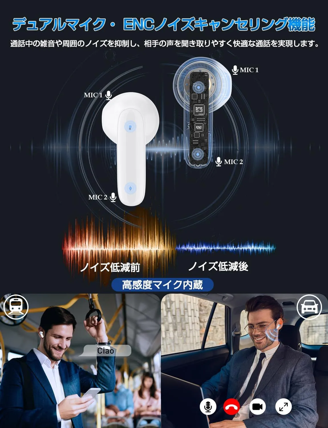 Bluetooth イヤホン ワイヤレス LEDディスプレイ表示 ホワイト 2022