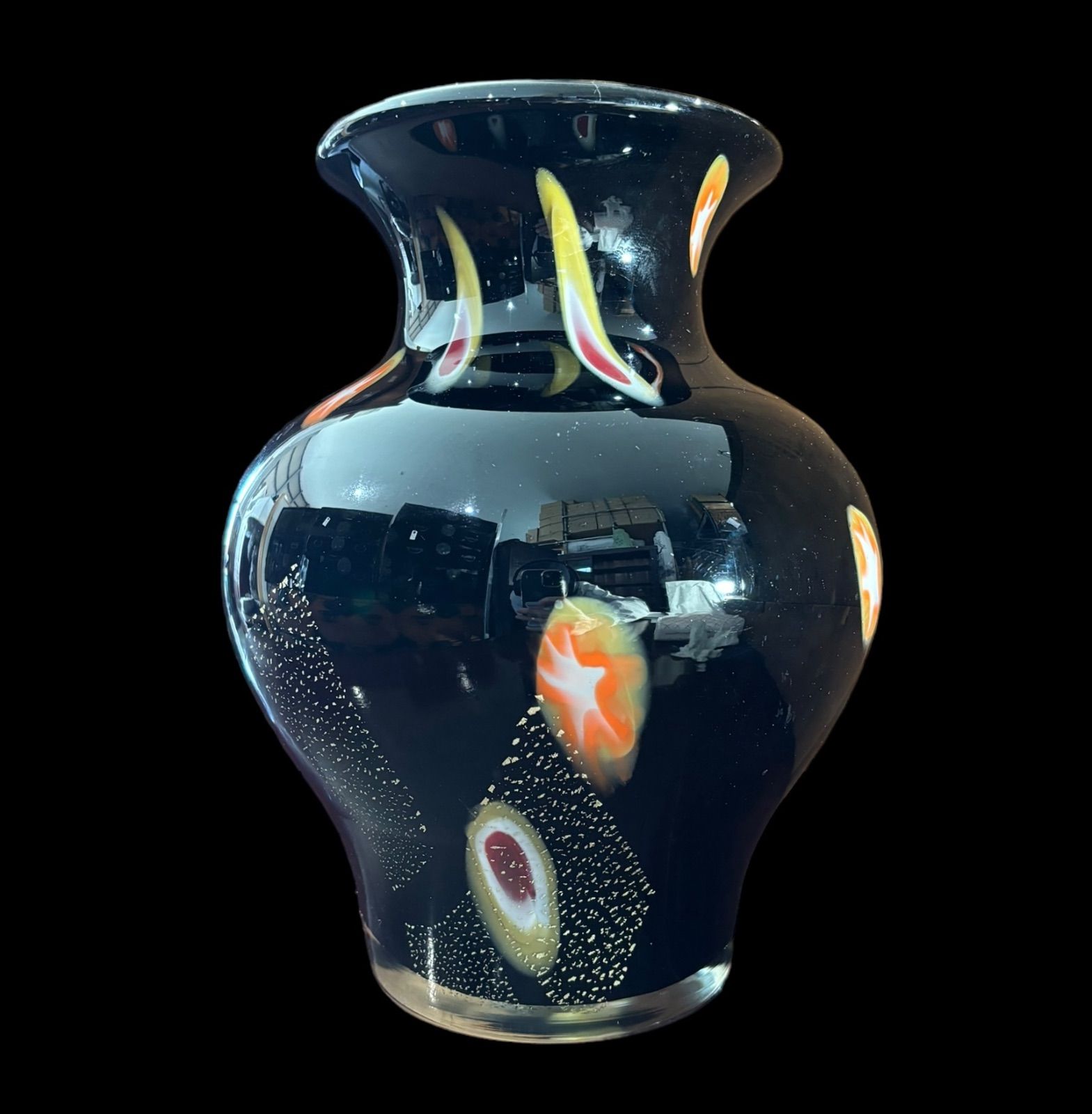 カメイガラス [金箔 ブラック] 花瓶 花器 花入れ 壺 丸壺 フラワーベース 置物 レトロ インテリア ヴィンテージ