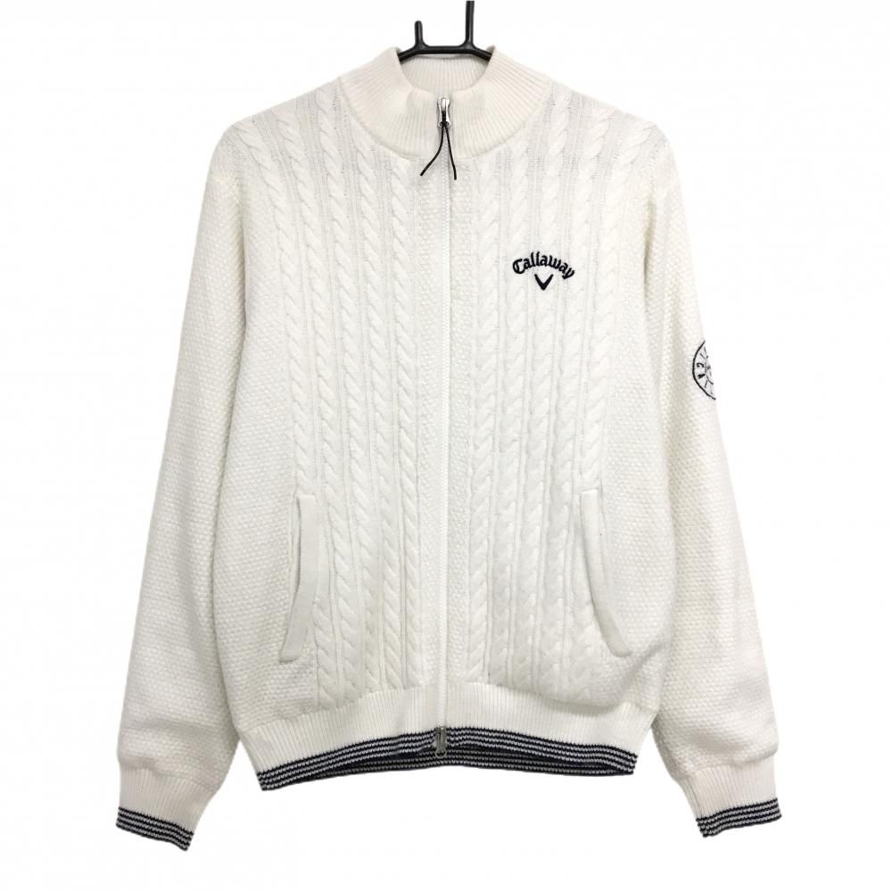 キャロウェイ ニットジャケット 白×ネイビー ケーブル編み ウール混