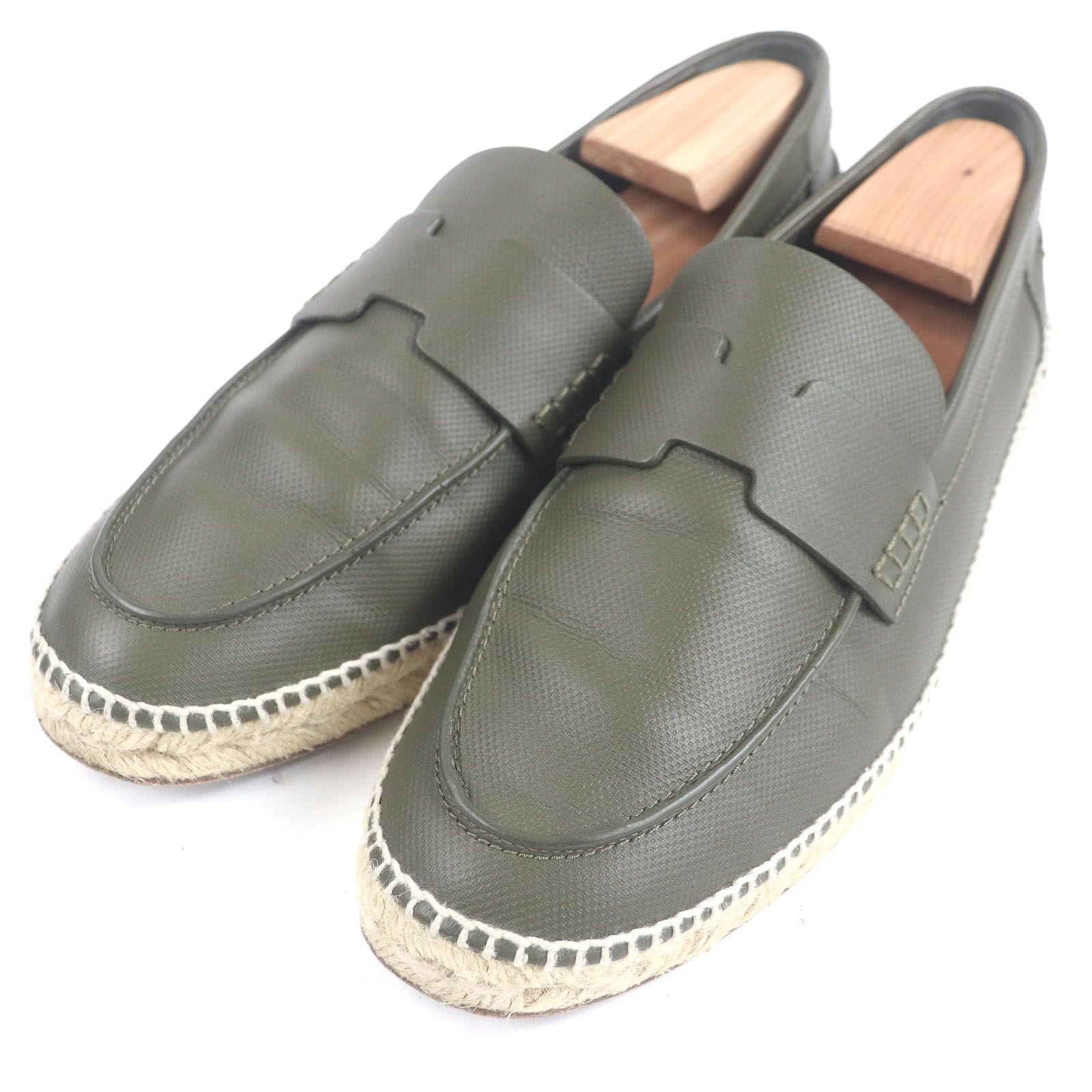 □HERMES エルメス トリップ レザー Hロゴモチーフ エスパドリーユ モカシン ローファー カーキ 41 保存袋付き スペイン製 メンズ